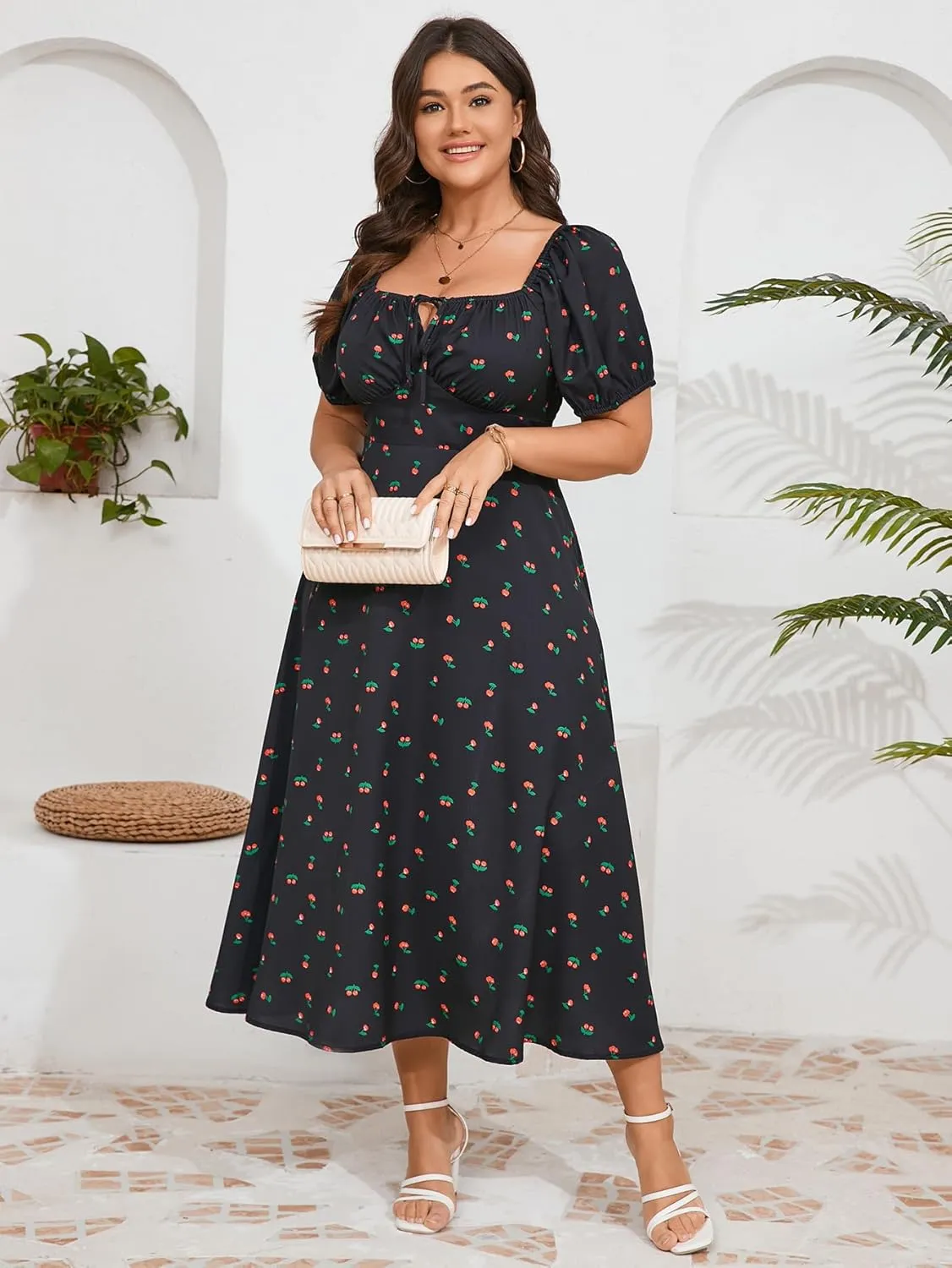 Women's Plus Size Summer Dress Short Sleeve Square Neck Milkmaid Dress Tie Front Split A-Line Maxi Long Dresses