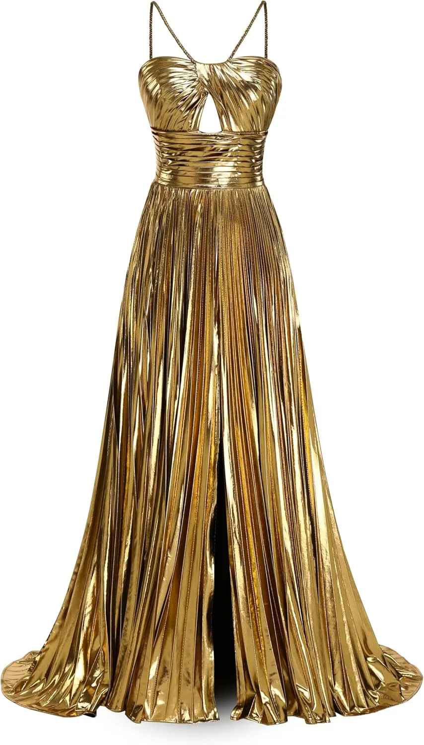 Women's Spaghetti Strap Metallic Sparkly Prom Dress Formal Pleated Long Evening Dress