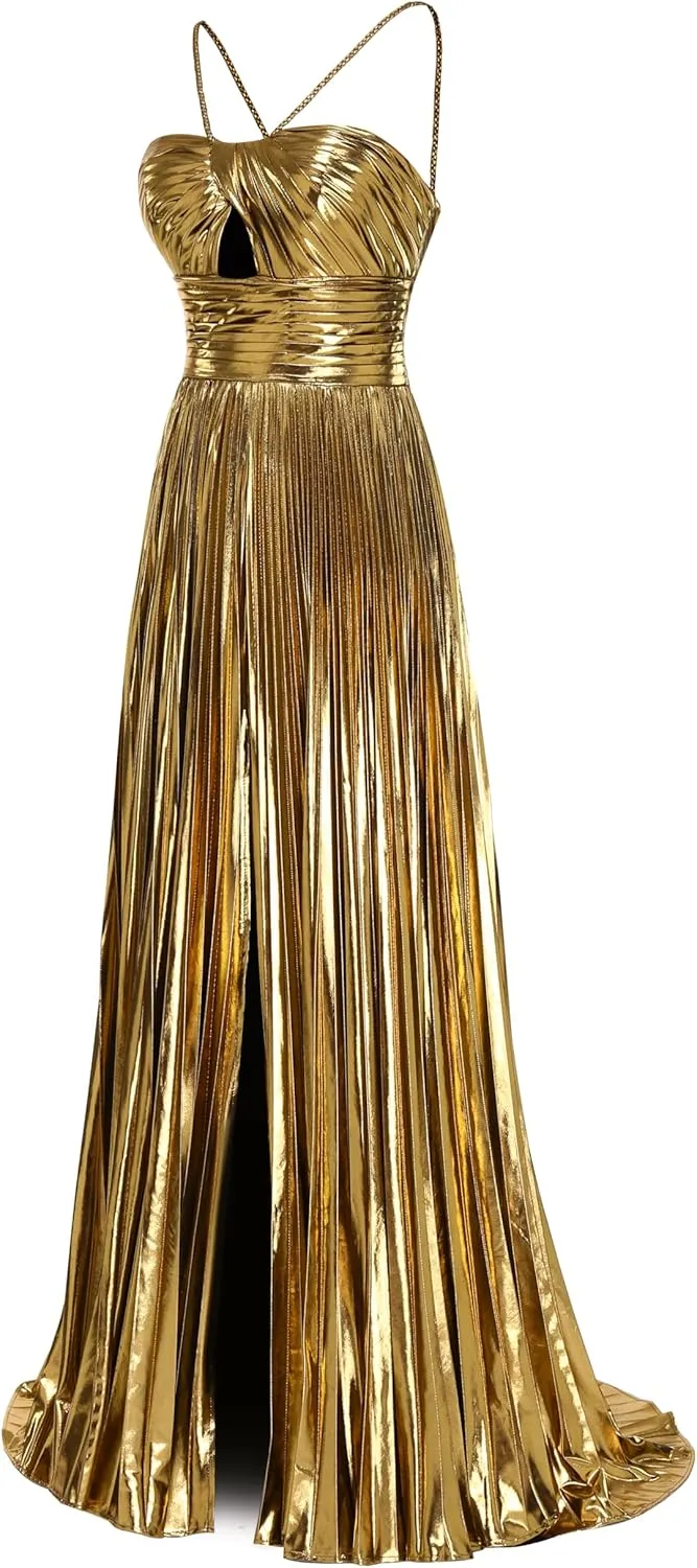 Women's Spaghetti Strap Metallic Sparkly Prom Dress Formal Pleated Long Evening Dress