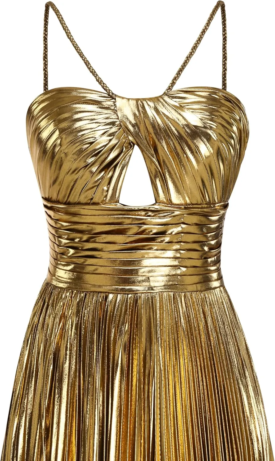 Women's Spaghetti Strap Metallic Sparkly Prom Dress Formal Pleated Long Evening Dress