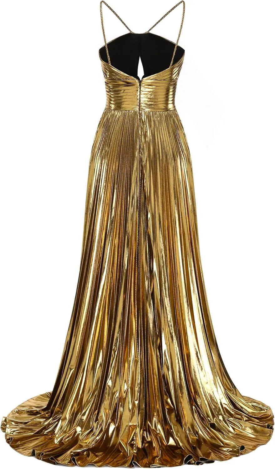 Women's Spaghetti Strap Metallic Sparkly Prom Dress Formal Pleated Long Evening Dress