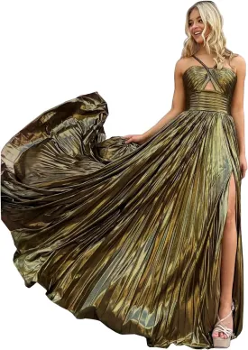 Women's Spaghetti Strap Metallic Sparkly Prom Dress Formal Pleated Long Evening Dress