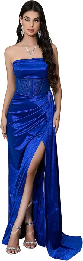 Women's Strapless Sleeveless Satin Prom Dresses Formal Dresses Waist Side Fluttering High Split Formal Evening Gowns