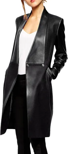 xxxiticat Women's Double Breasted Faux Leather PU Coat Patchwork Splice Lapel Panel Trench Woolen Jacket Cardigan