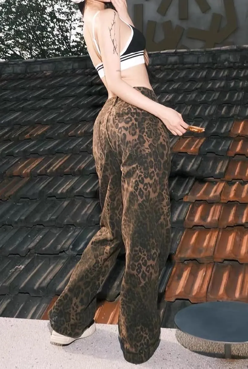 Y2k Jeans Cheetah Print Jeans Oversized Wide Leg High Waisted Cargo Pants Leopard Print Pants for Women