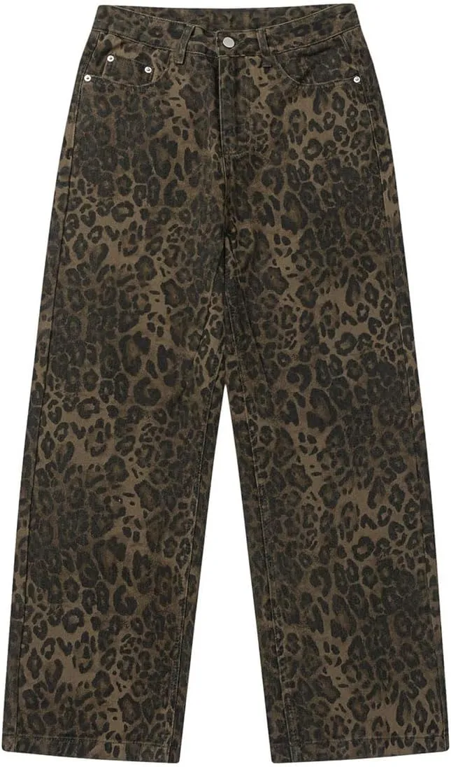 Y2k Jeans Cheetah Print Jeans Oversized Wide Leg High Waisted Cargo Pants Leopard Print Pants for Women
