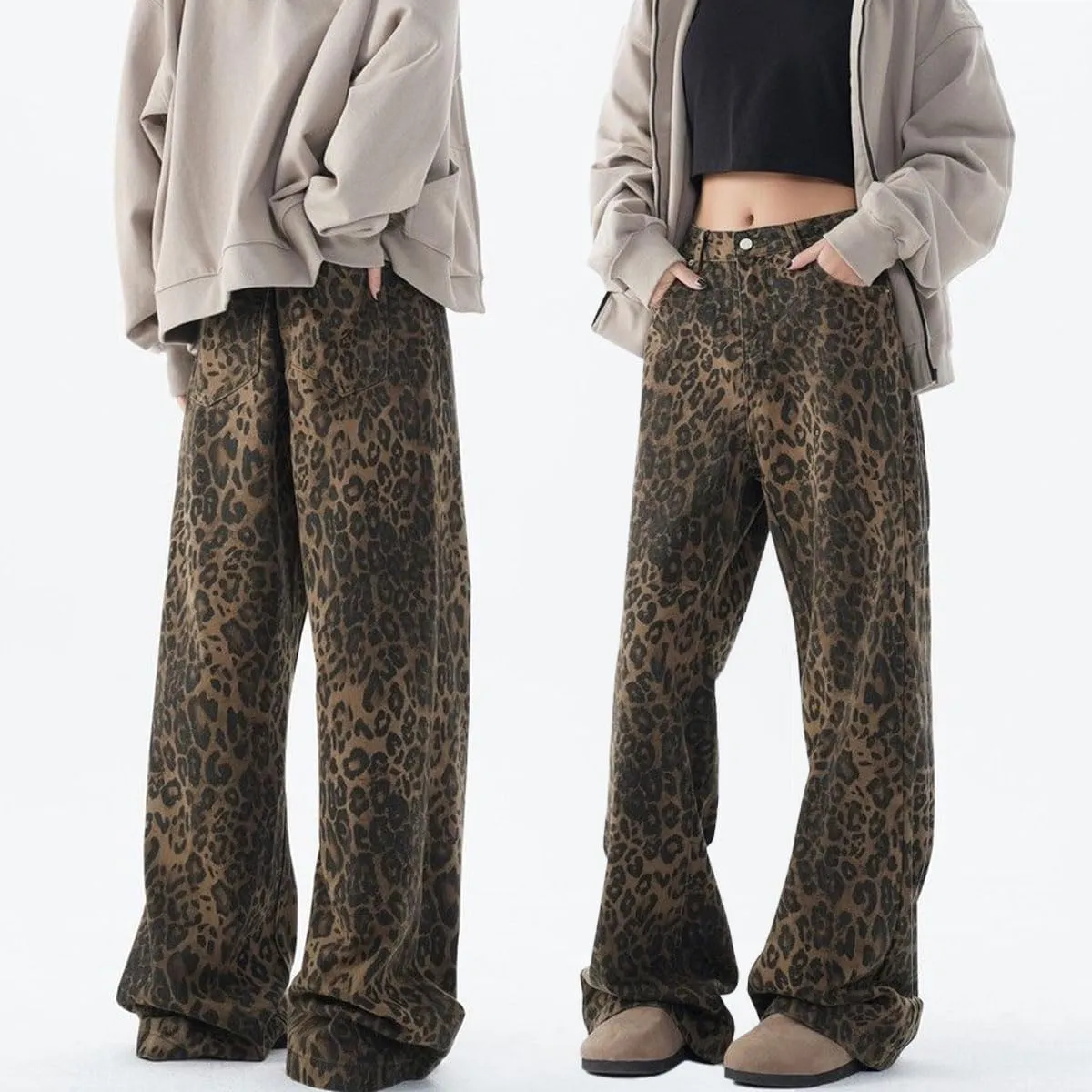 Y2k Jeans Cheetah Print Jeans Oversized Wide Leg High Waisted Cargo Pants Leopard Print Pants for Women