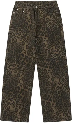 Y2k Jeans Cheetah Print Jeans Oversized Wide Leg High Waisted Cargo Pants Leopard Print Pants for Women