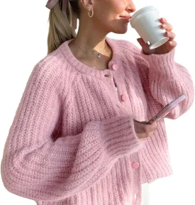 YKR Womens Fall Cardigan Sweater Long Sleeve Chunky Knit Open Front Button Loose Casual Cardigan Coat