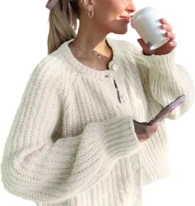 YKR Womens Fall Cardigan Sweater Long Sleeve Chunky Knit Open Front Button Loose Casual Cardigan Coat