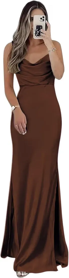 zcbang Bridesmaid Dresses for Wedding Satin Cowl Neck Long Formal Evening Gowns with Slit
